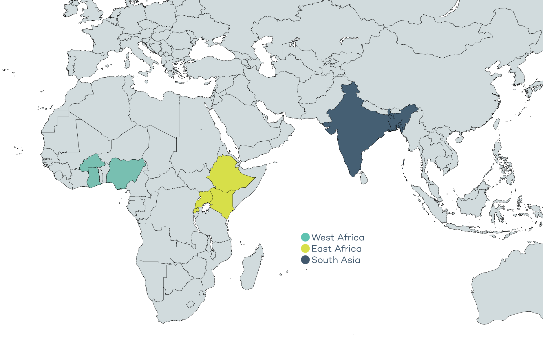 A map showing the following countries indicated: Burkina Faso, Ethiopia, Ghana, Kenya, Nigeria, Rwanda, Uganda, India, and Bangladesh